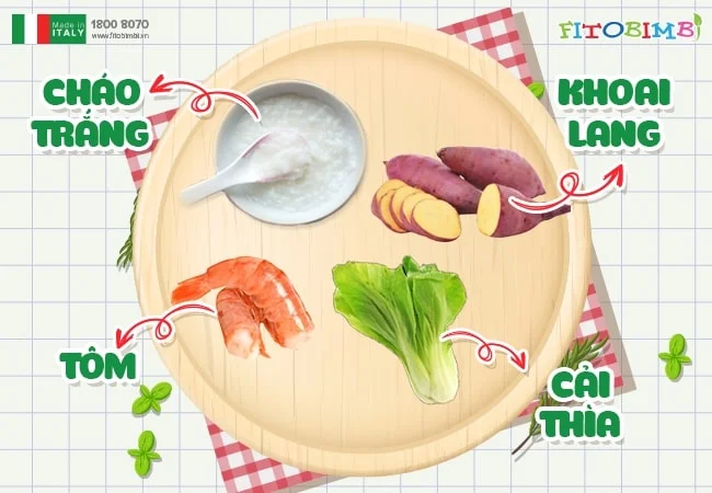 Cháo tôm khoai lang rau cải xanh