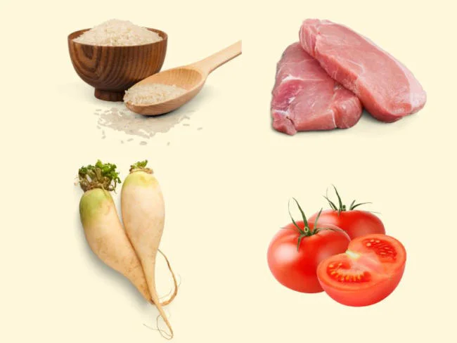 Mẹ có thể kết hợp gạo, thịt heo, củ cải, cà chua để thành một món cháo ngon, bổ dưỡng cho bé